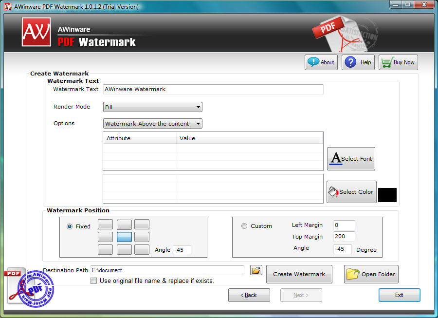 AWinware PDF Watermark - software for adding PDF watermarks. Main windows - add PDF watermarks